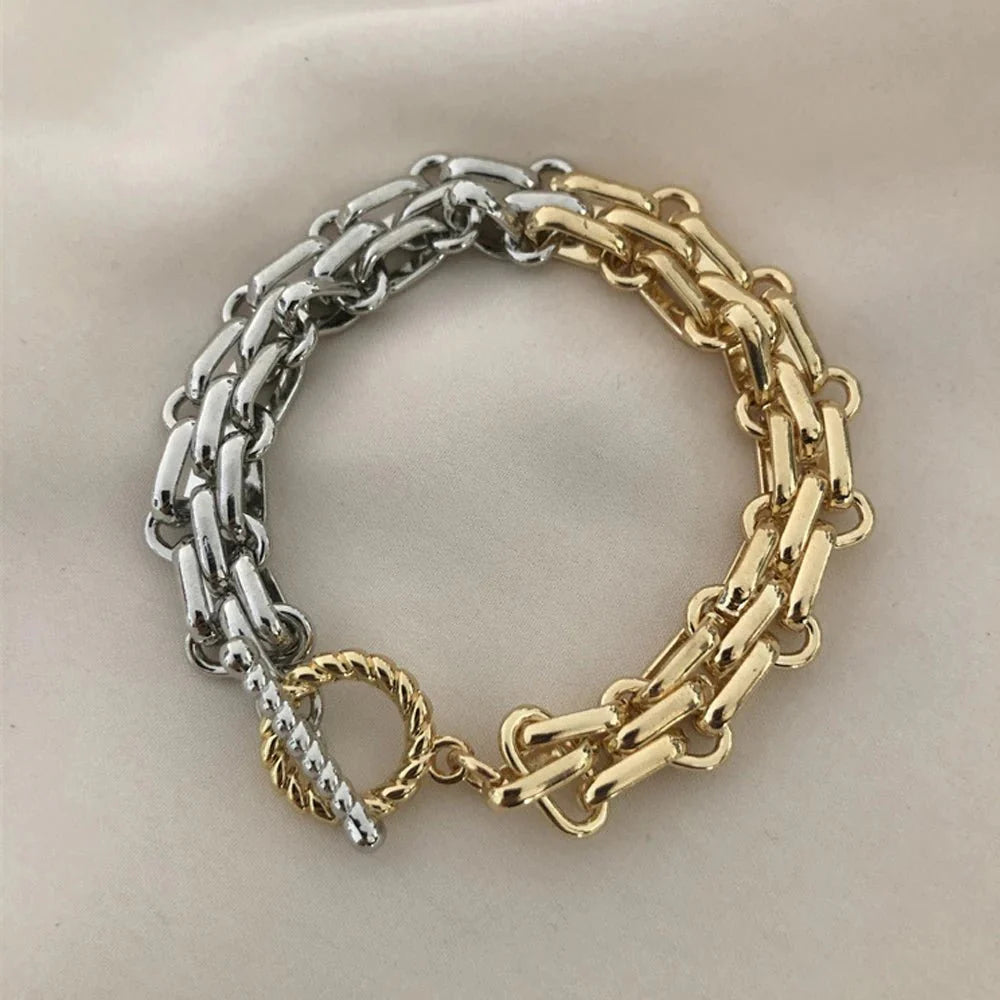 Chunky Two Tone Textured Circle Clasp Bracelet