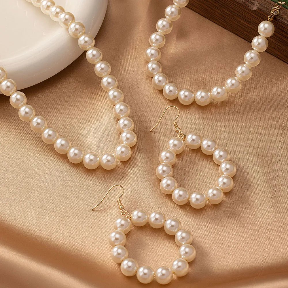 Classy Beaded Pearl Necklace, Bracelet, and Earring Set