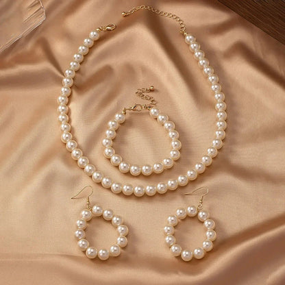 Classy Beaded Pearl Necklace, Bracelet, and Earring Set