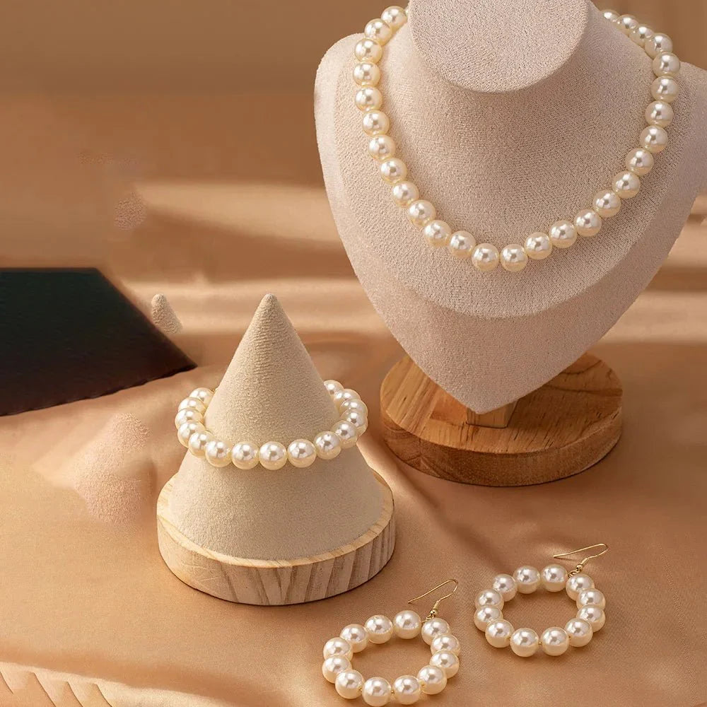 Classy Beaded Pearl Necklace, Bracelet, and Earring Set