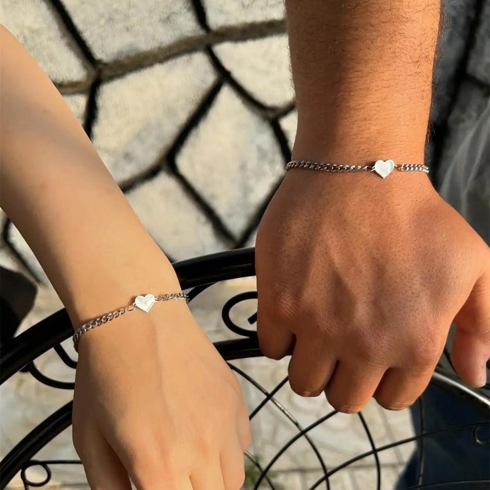 Couples Thin Cuban Link Heart Bracelet Set