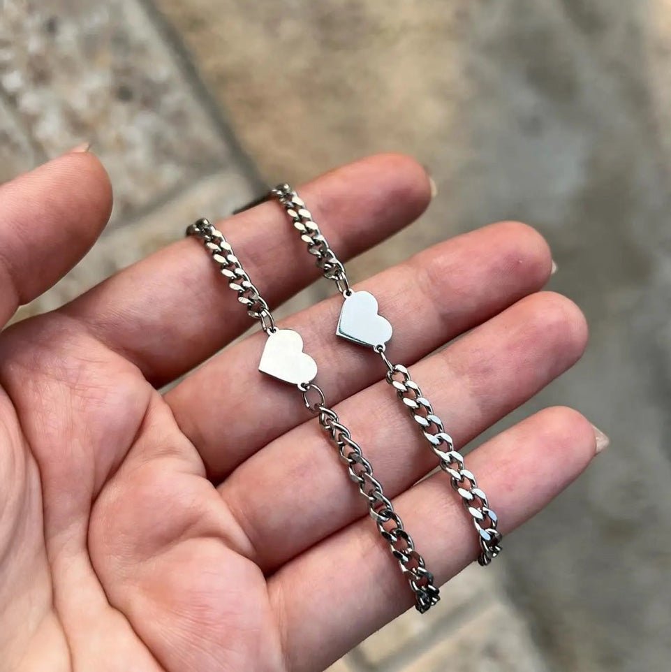 Couples Thin Cuban Link Heart Bracelet Set