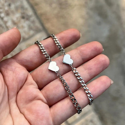 Couples Thin Cuban Link Heart Bracelet Set