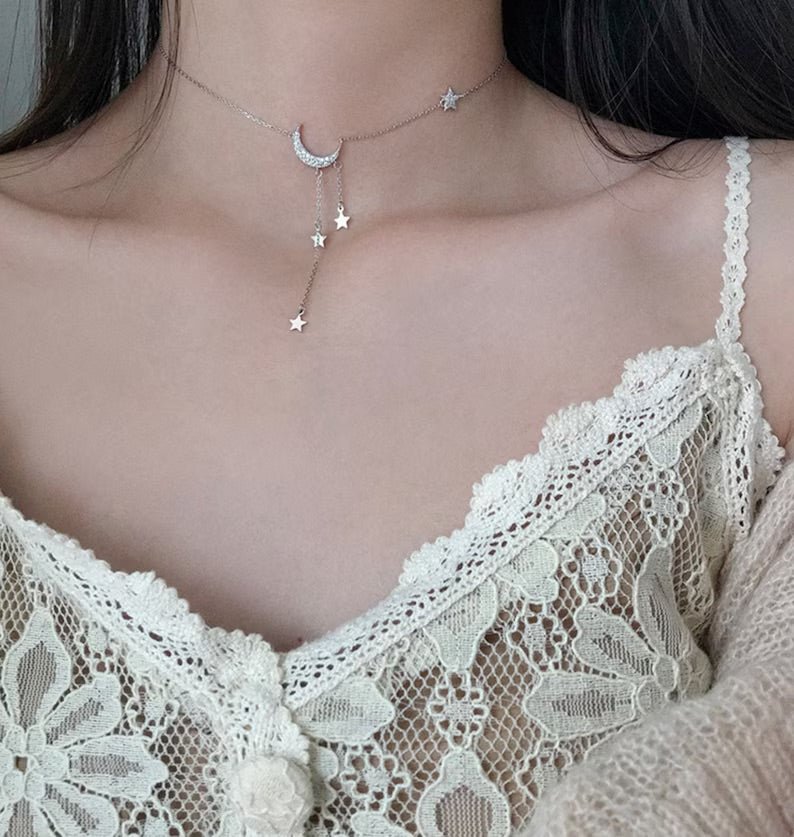 Crescent Moon Dangling Star Necklace