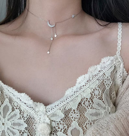 Crescent Moon Dangling Star Necklace