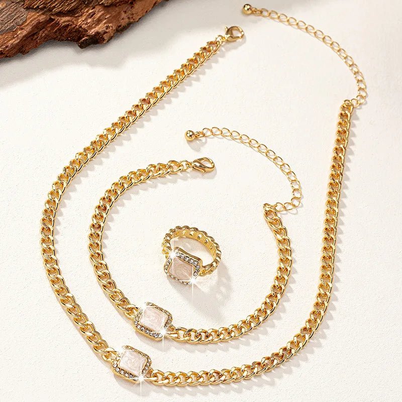 Cuban Square Diamond Necklace, Bracelet, and Ring Set