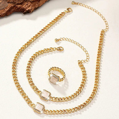 Cuban Square Diamond Necklace, Bracelet, and Ring Set