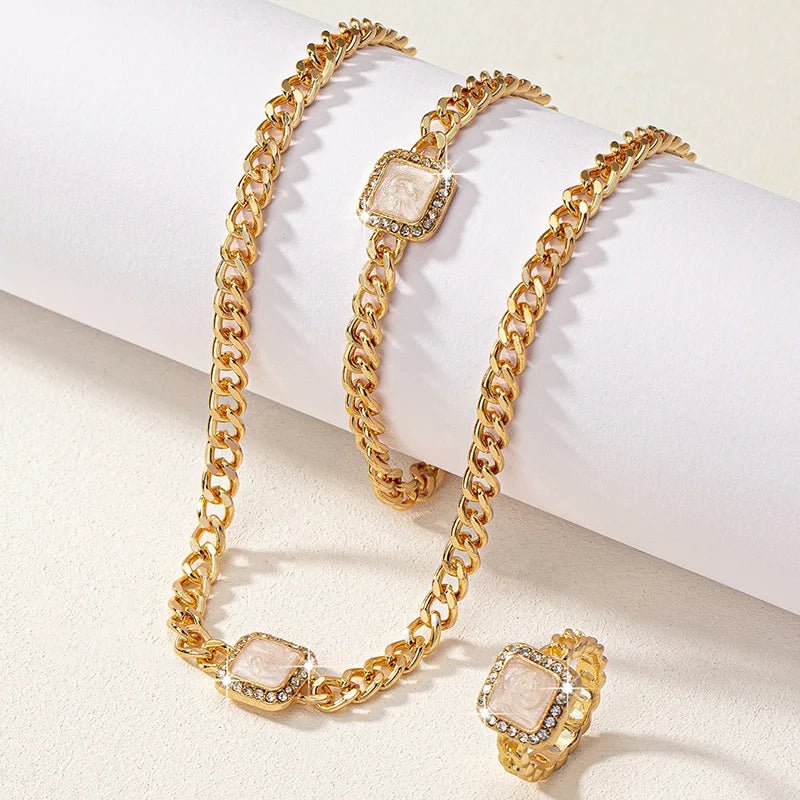 Cuban Square Diamond Necklace, Bracelet, and Ring Set