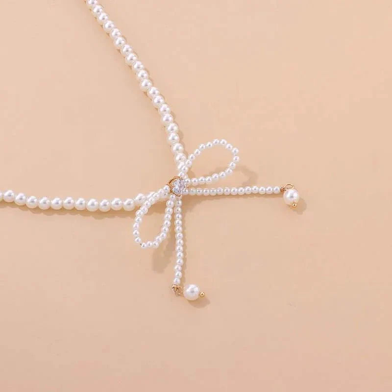 Dainty Beaded Pearl Bow Choker Necklace
