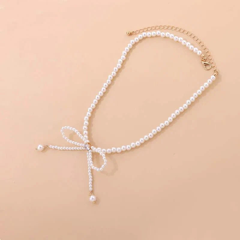 Dainty Beaded Pearl Bow Choker Necklace