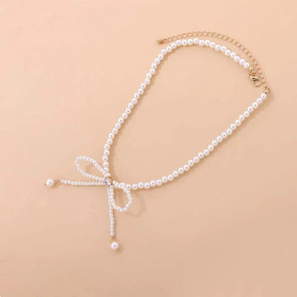 Dainty Beaded Pearl Bow Choker Necklace