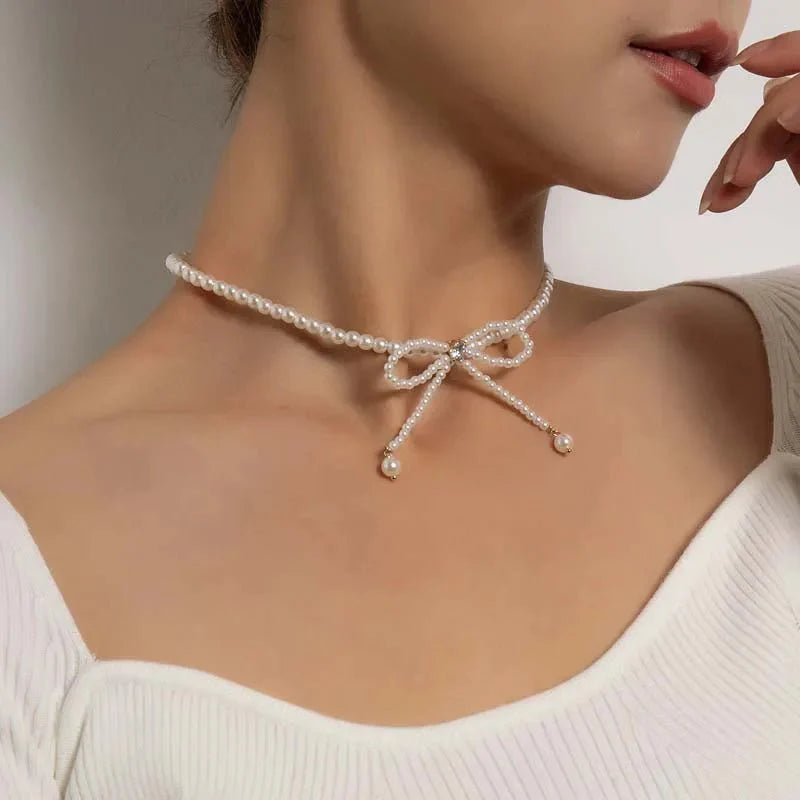 Dainty Beaded Pearl Bow Choker Necklace