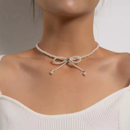 Dainty Beaded Pearl Bow Choker Necklace
