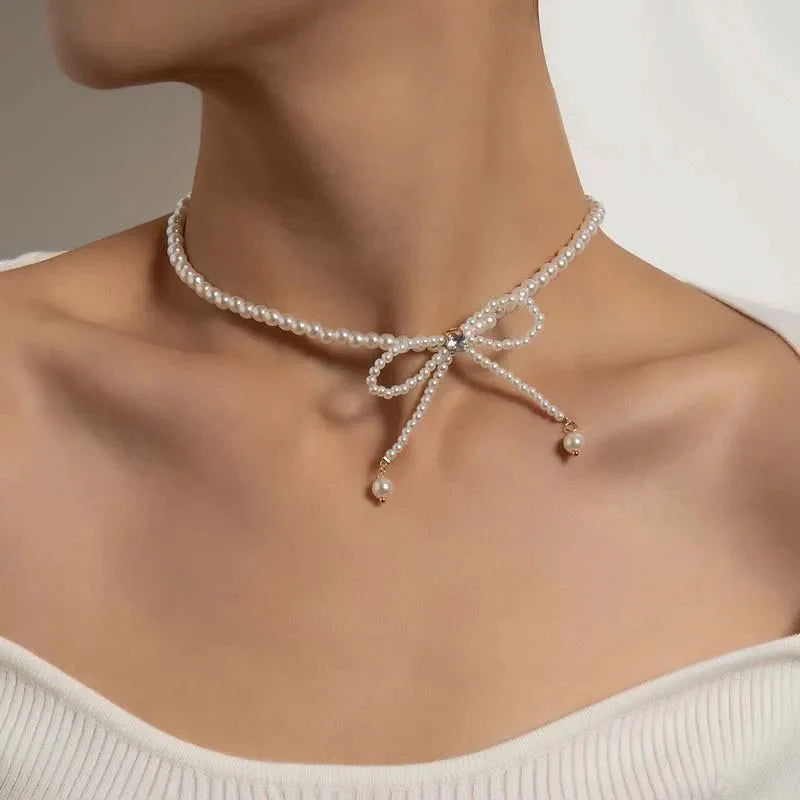 Dainty Beaded Pearl Bow Choker Necklace