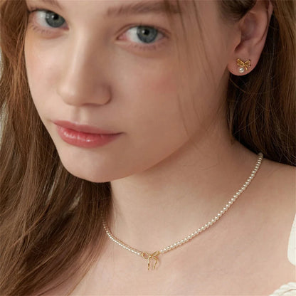 Dainty Beaded Pearl Bow Feminine Choker Necklace