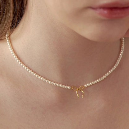 Dainty Beaded Pearl Bow Feminine Choker Necklace