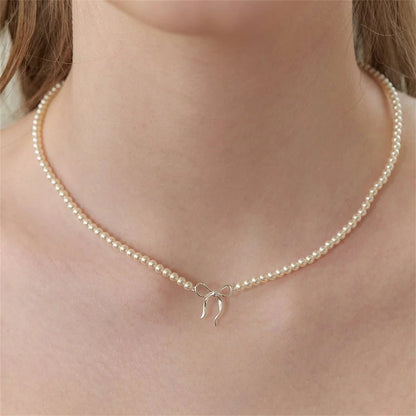 Dainty Beaded Pearl Bow Feminine Choker Necklace