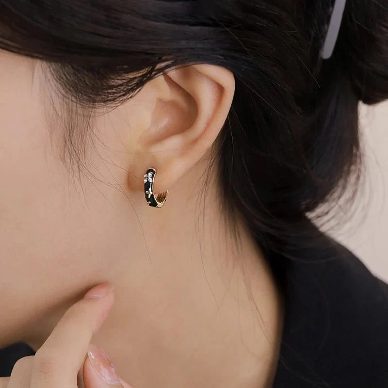 Dainty Black and Gold Floral Hoop Earrings