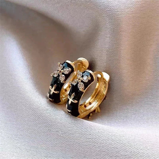 Dainty Black and Gold Floral Hoop Earrings