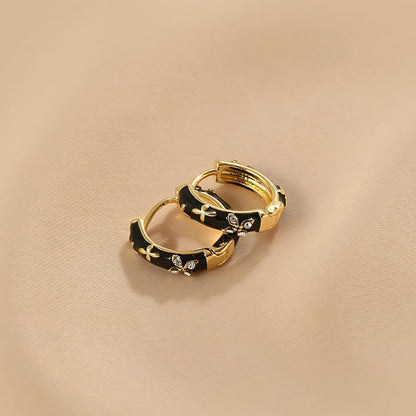 Dainty Black and Gold Floral Hoop Earrings