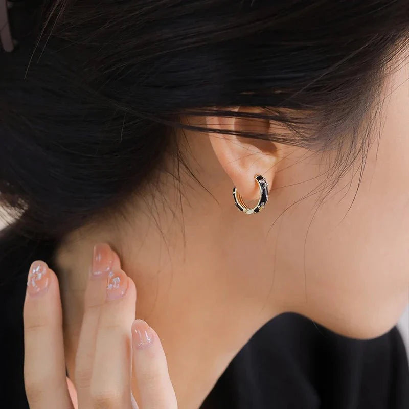 Dainty Black and Gold Floral Hoop Earrings
