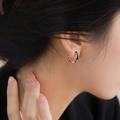 Dainty Black and Gold Floral Hoop Earrings