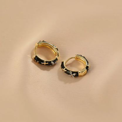 Dainty Black and Gold Floral Hoop Earrings
