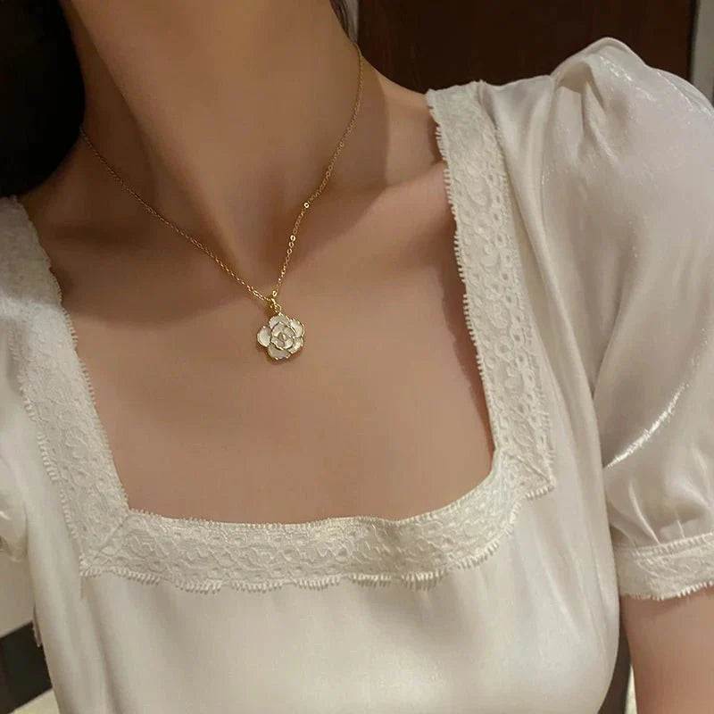 Dainty Blanc Camellia Floral Necklace, Earrings, Ring Jewelry