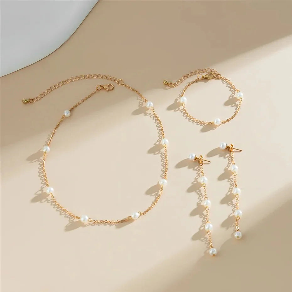 Dainty Chain Pearl Bracelet, Necklace, and Earring Set