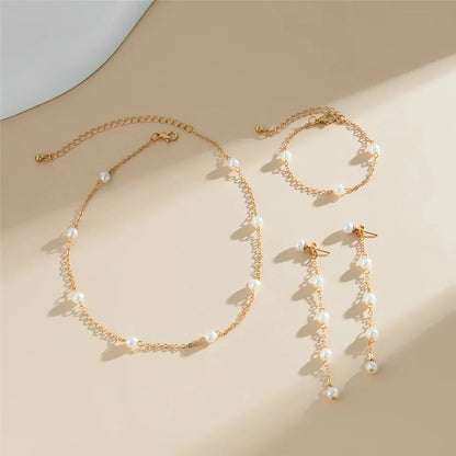 Dainty Chain Pearl Bracelet, Necklace, and Earring Set