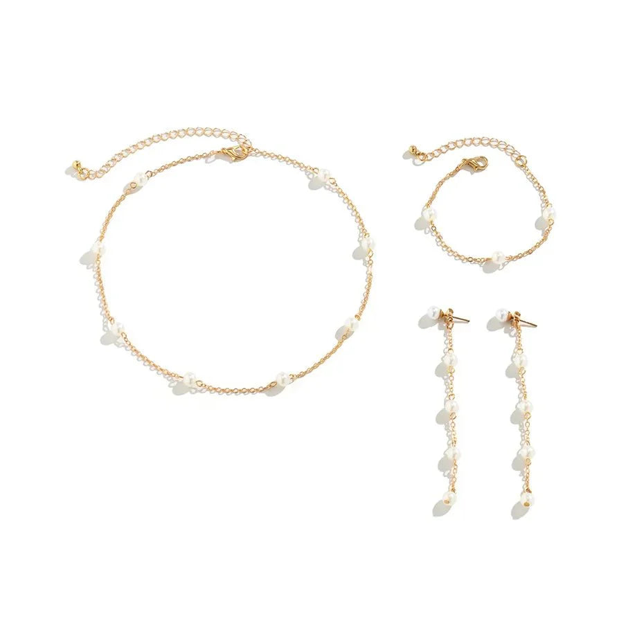 Dainty Chain Pearl Bracelet, Necklace, and Earring Set