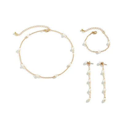 Dainty Chain Pearl Bracelet, Necklace, and Earring Set