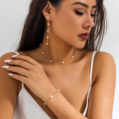 Dainty Chain Pearl Bracelet, Necklace, and Earring Set