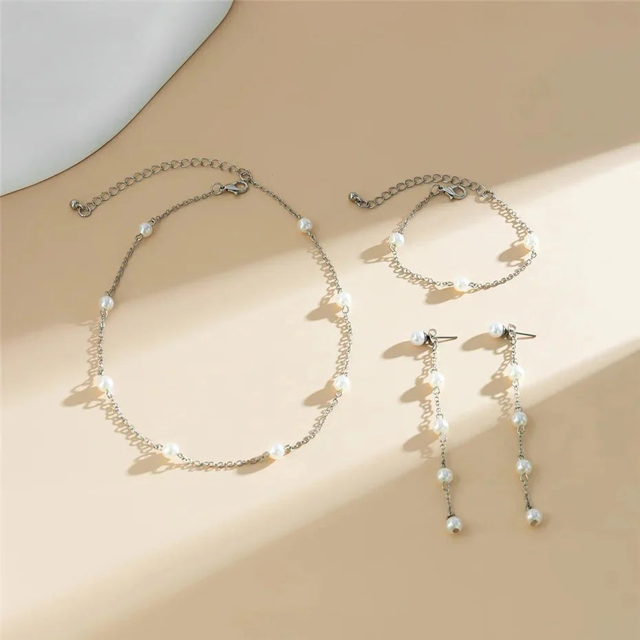 Dainty Chain Pearl Bracelet, Necklace, and Earring Set