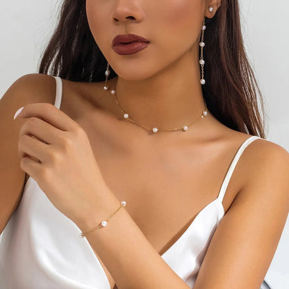 Dainty Chain Pearl Bracelet, Necklace, and Earring Set