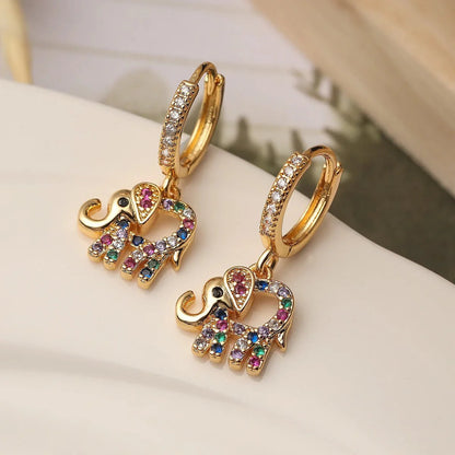 Dainty Colorful Diamond Elephant Outline Earrings