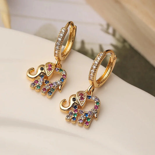 Dainty Colorful Diamond Elephant Outline Earrings