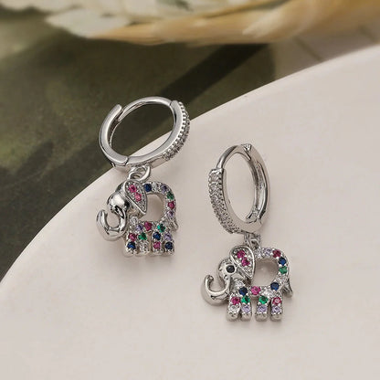 Dainty Colorful Diamond Elephant Outline Earrings