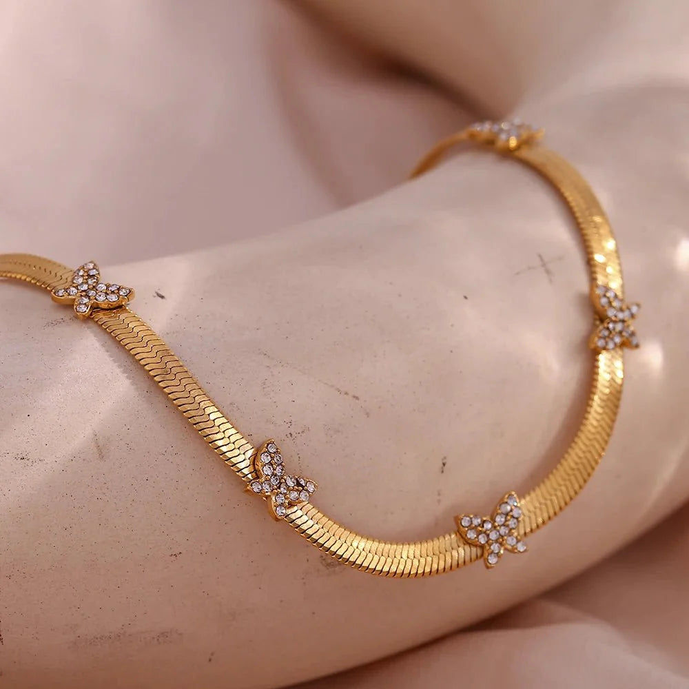 Dainty Diamond Butterfly Herringbone Necklace