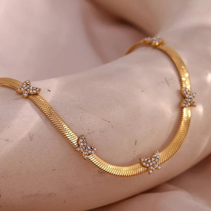 Dainty Diamond Butterfly Herringbone Necklace