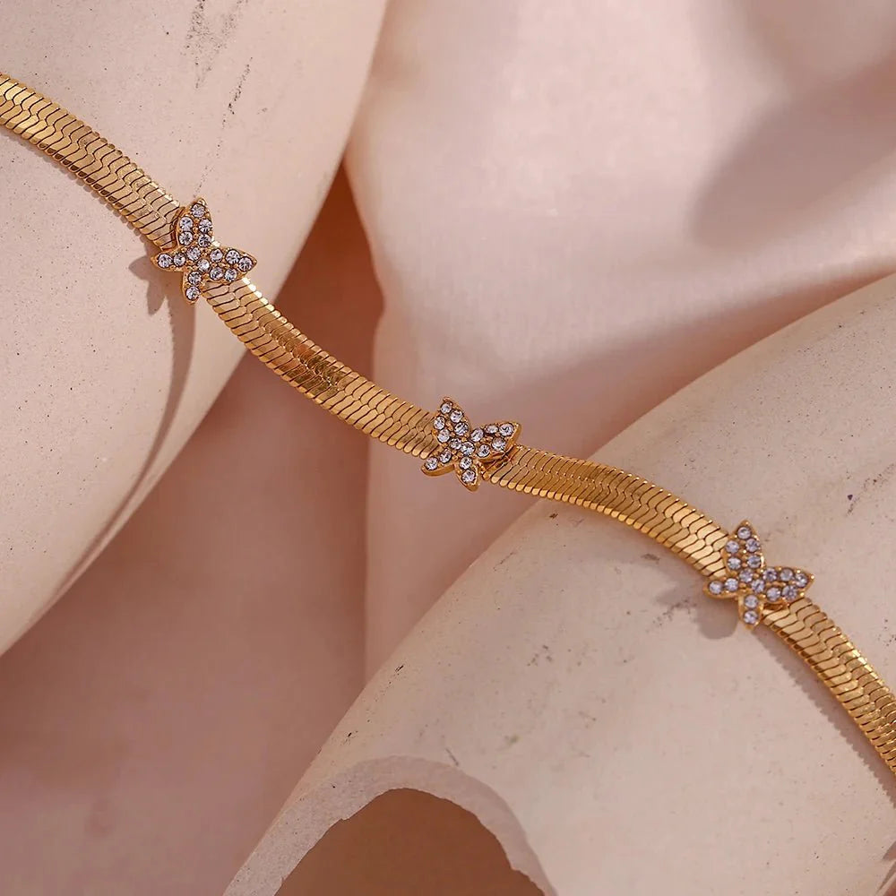 Dainty Diamond Butterfly Herringbone Necklace