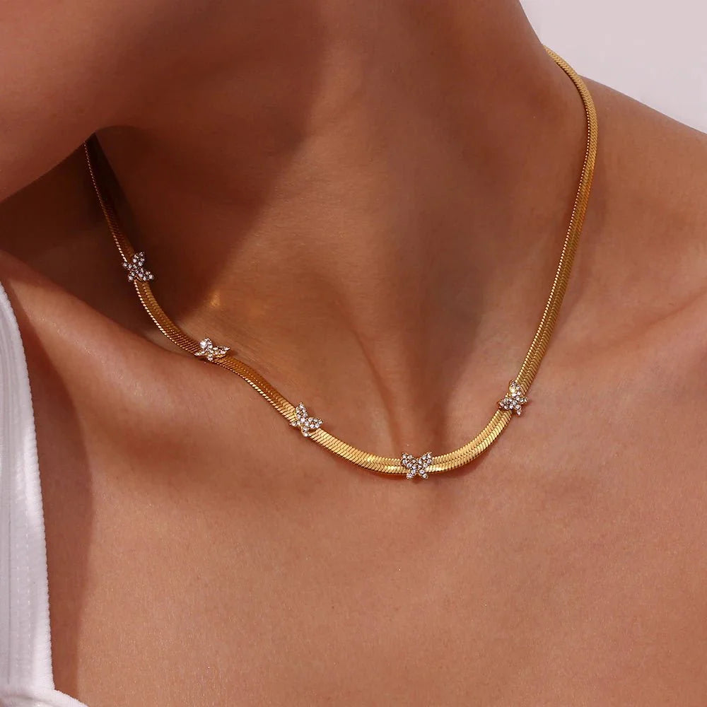 Dainty Diamond Butterfly Herringbone Necklace