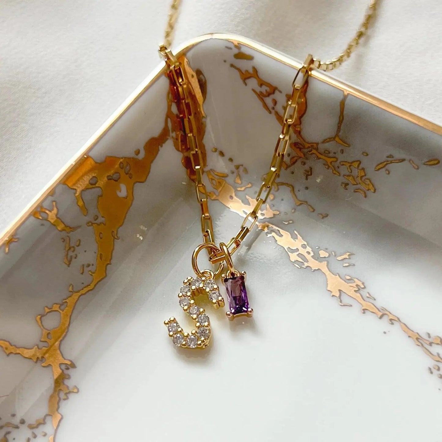 Dainty Diamond Letter Initial & Birthstone Paperclip Chain Necklace