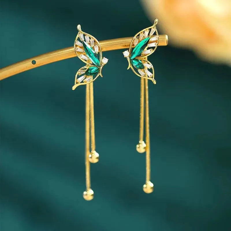 Dainty Emerald Butterfly Dangle Earrings