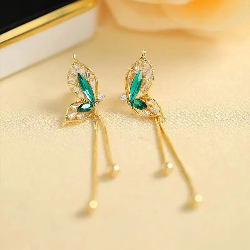 Dainty Emerald Butterfly Dangle Earrings