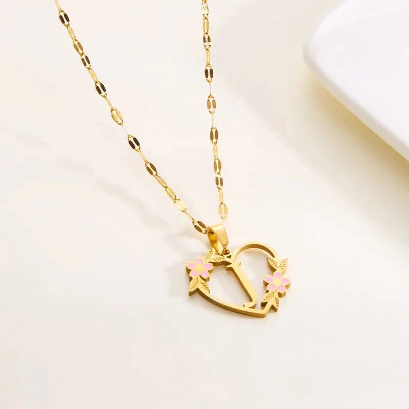 Dainty Floral Accented Heart Letter Initial Necklace