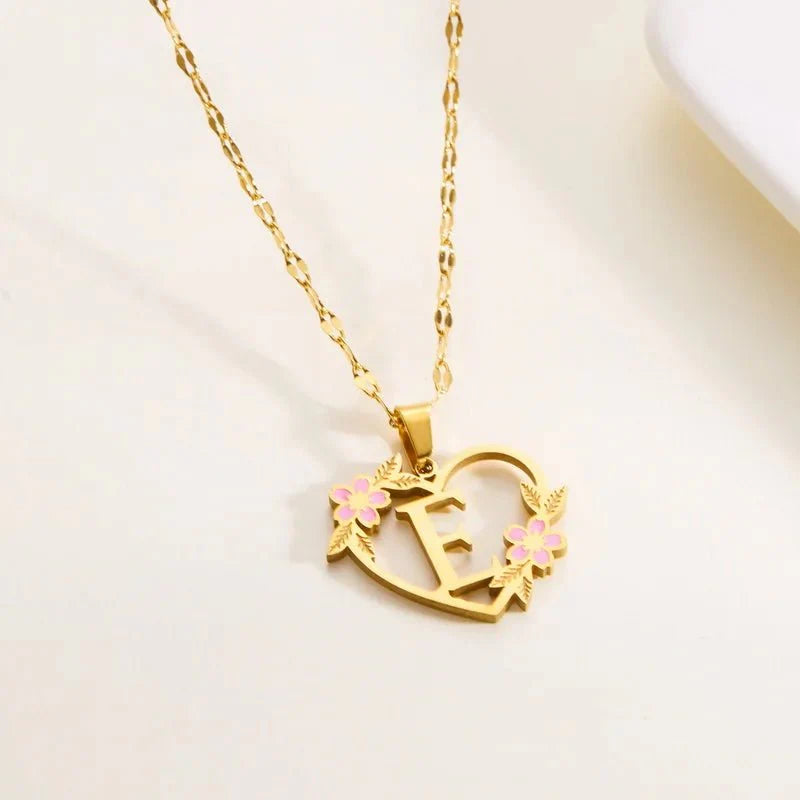 Dainty Floral Accented Heart Letter Initial Necklace