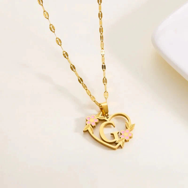 Dainty Floral Accented Heart Letter Initial Necklace