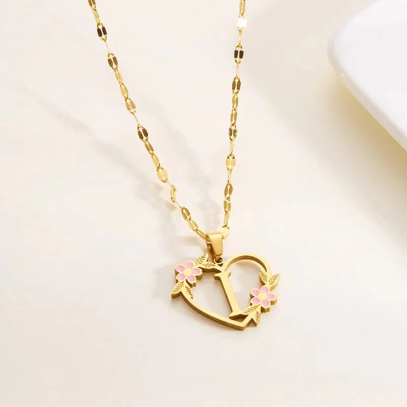 Dainty Floral Accented Heart Letter Initial Necklace