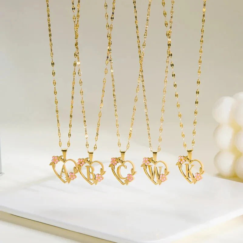Dainty Floral Accented Heart Letter Initial Necklace
